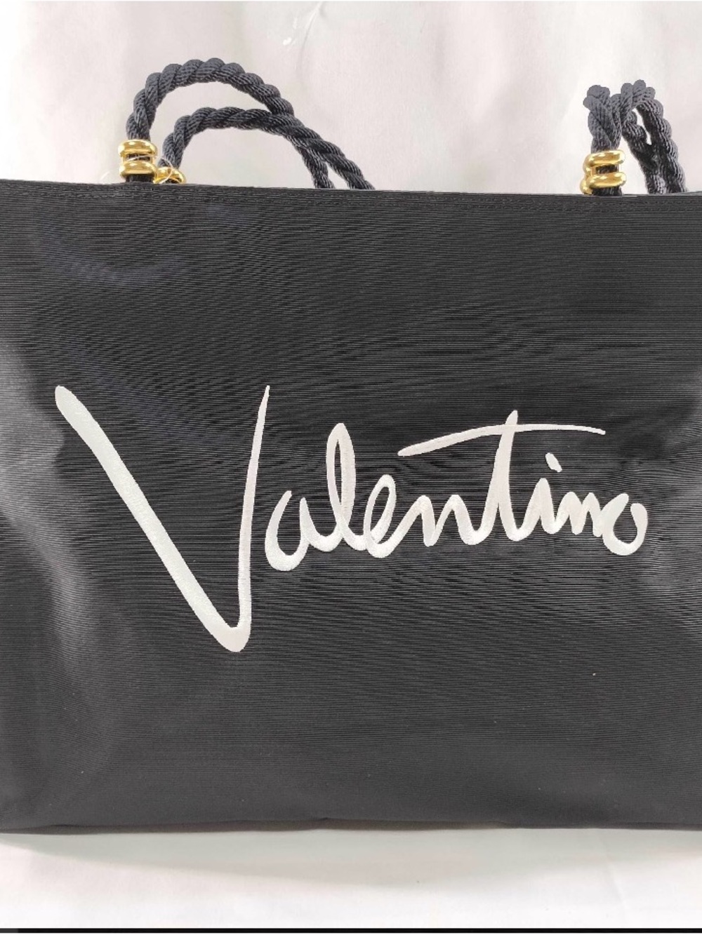 Valentino Black Tote with White Script Logo and Gold Accents